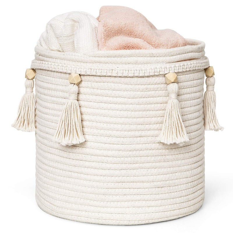 Mkono Macrame Decorative Cotton Rope Basket Boho Cute Woven Tassel Closet Storage Bins Organizer for Nursery,Baby Toys,Magazines, Potted Plants Cover,Living Room,Bedroom,Home Decor 11"x11",Small - Image 1